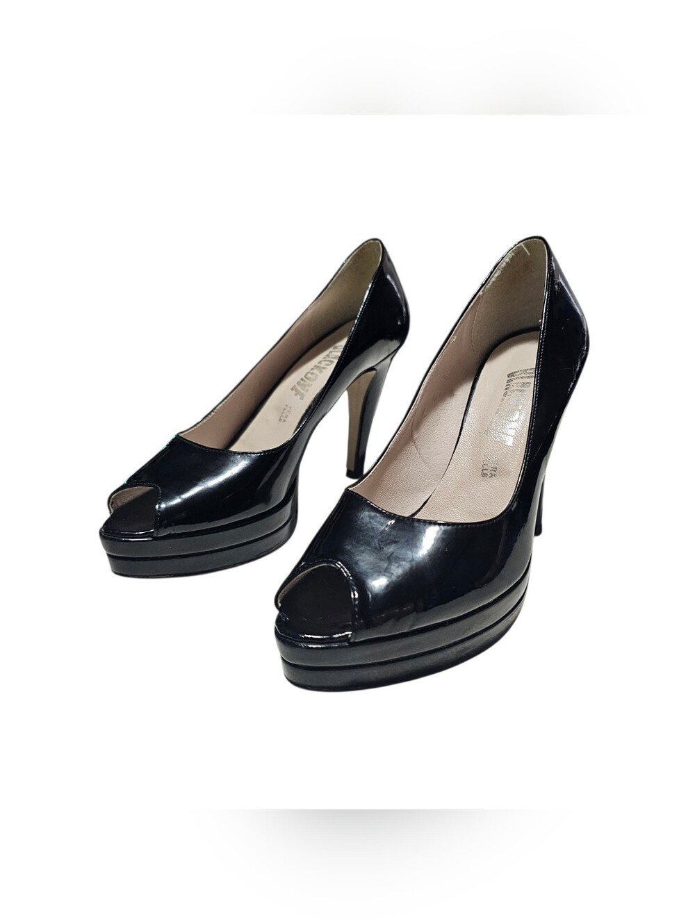 Blackstone Italian Patent Leather Peep Toe Platform Pump Heels Size 38 Black